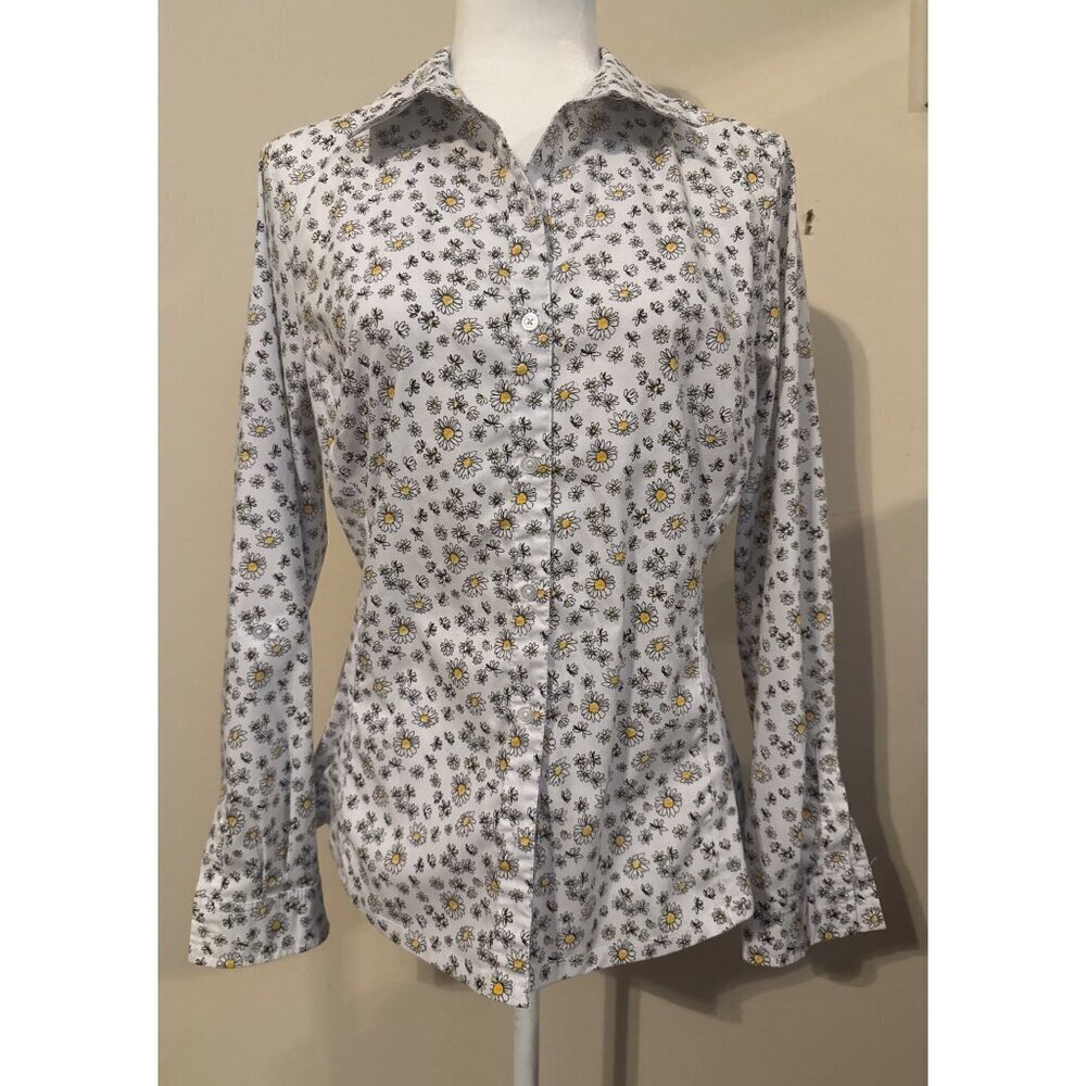 Women's Zac & Rachel 3/4 Sleeve Yellow Floral Casual Button Down Medium